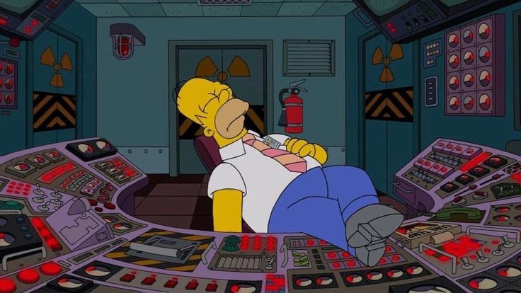 Homer Simpson, the nuclear power plant worker, sleeps on the job, surrounded by blinking alarms and a chaotic control room. This image satirizes the concept of productivity and responsibility in a high-stakes environment.