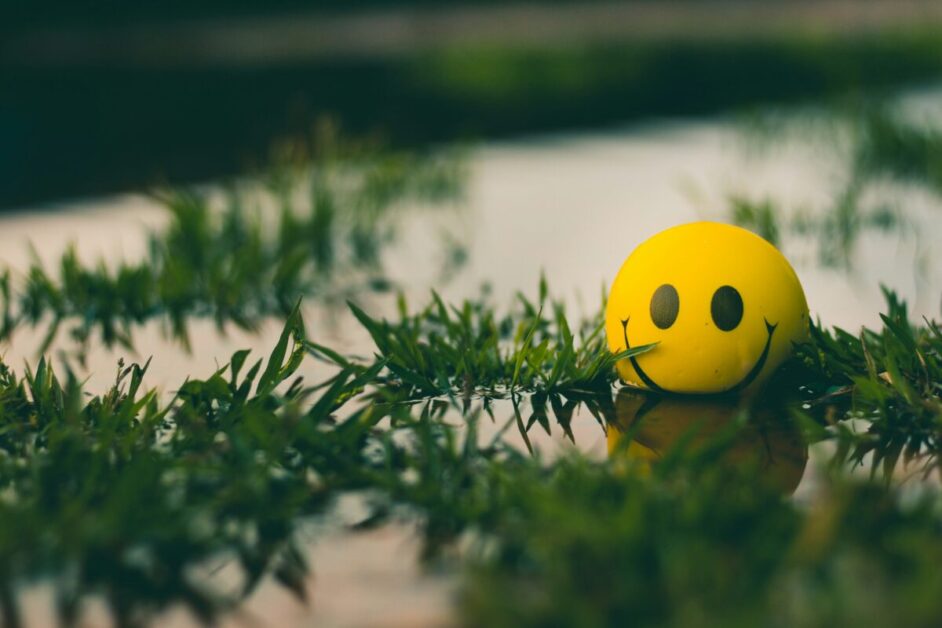 A yellow smiley face ball resting on green grass with water reflections, symbolizing positive thinking and a cheerful outlook.