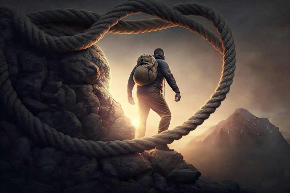 "A lone hiker stands on a rocky outcrop, framed by a large, coiled rope forming a heart shape around them. The hiker faces a distant mountain, with the sun casting a warm glow as it sets or rises behind them. This scene evokes adventure, determination, and the journey ahead, capturing the essence of a motivational short story.